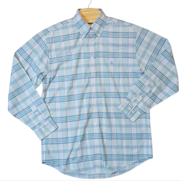 Brooks Brothers Madison Light Blue and Green Plaid Dress Shirt/Medium - Picture 2 of 4
